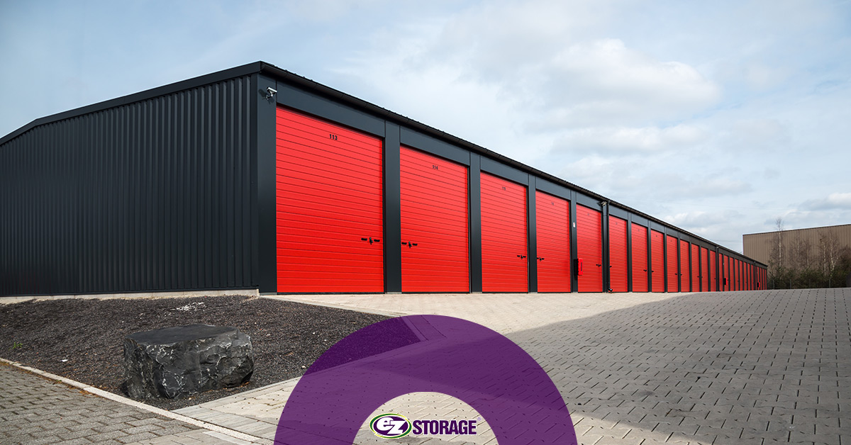 Outdoor storage units with red doors