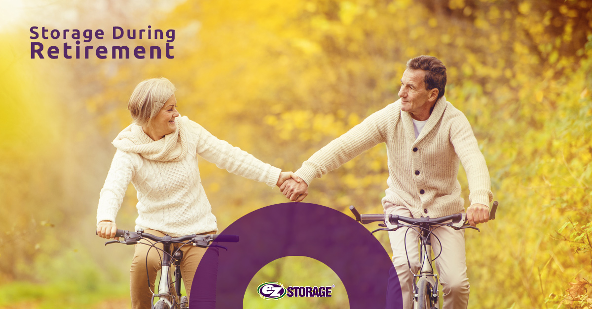 Older couple holding hands and riding their bicycles with text "Storage During Retirement"