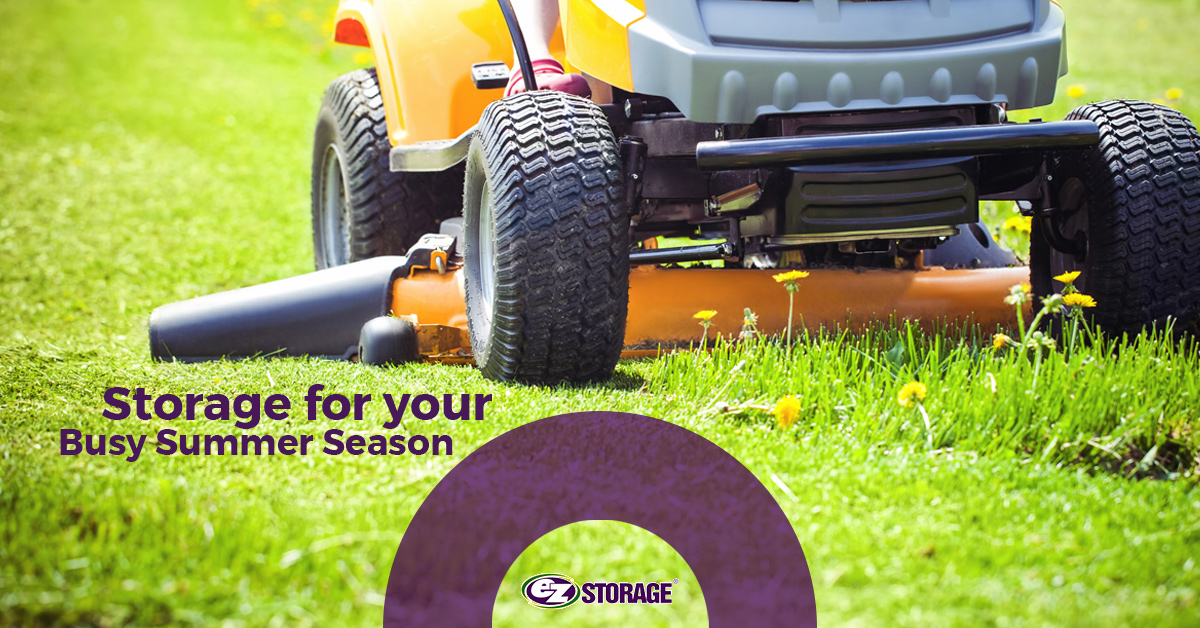 Riding lawn mower with text "Storage for your busy summer season" and EZ Storage logo