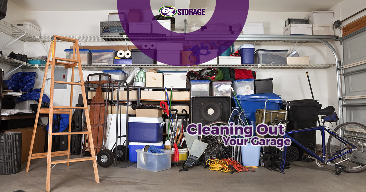 Garage full of Boxes and objects with the EZ Storage logo