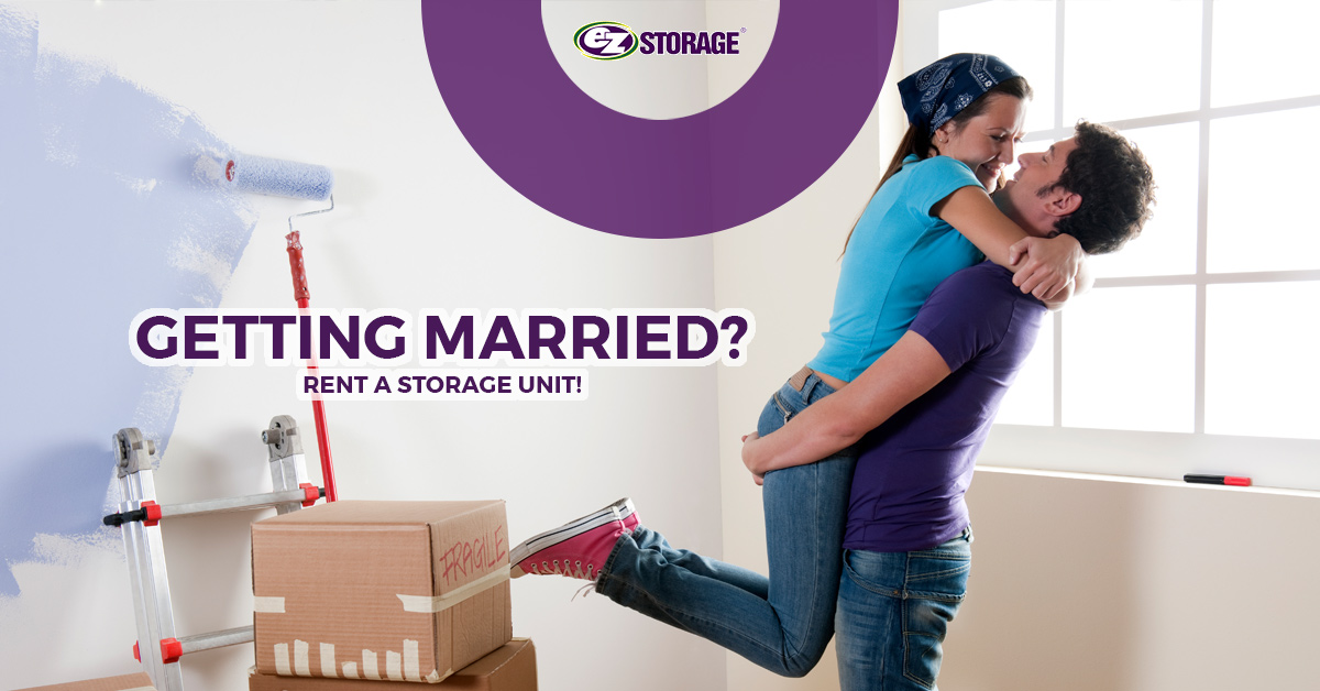 Man and woman hugging with text “Getting Married? Rent a storage unit!"