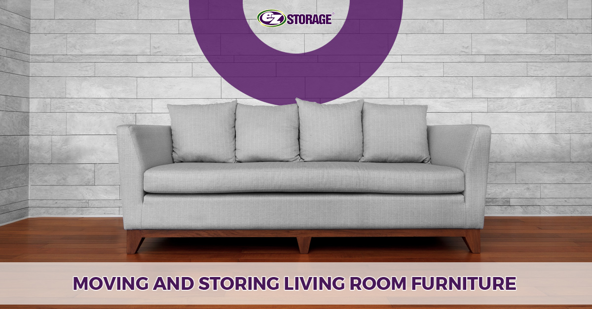 Large couch in a room with text "moving and storing living room furniture"