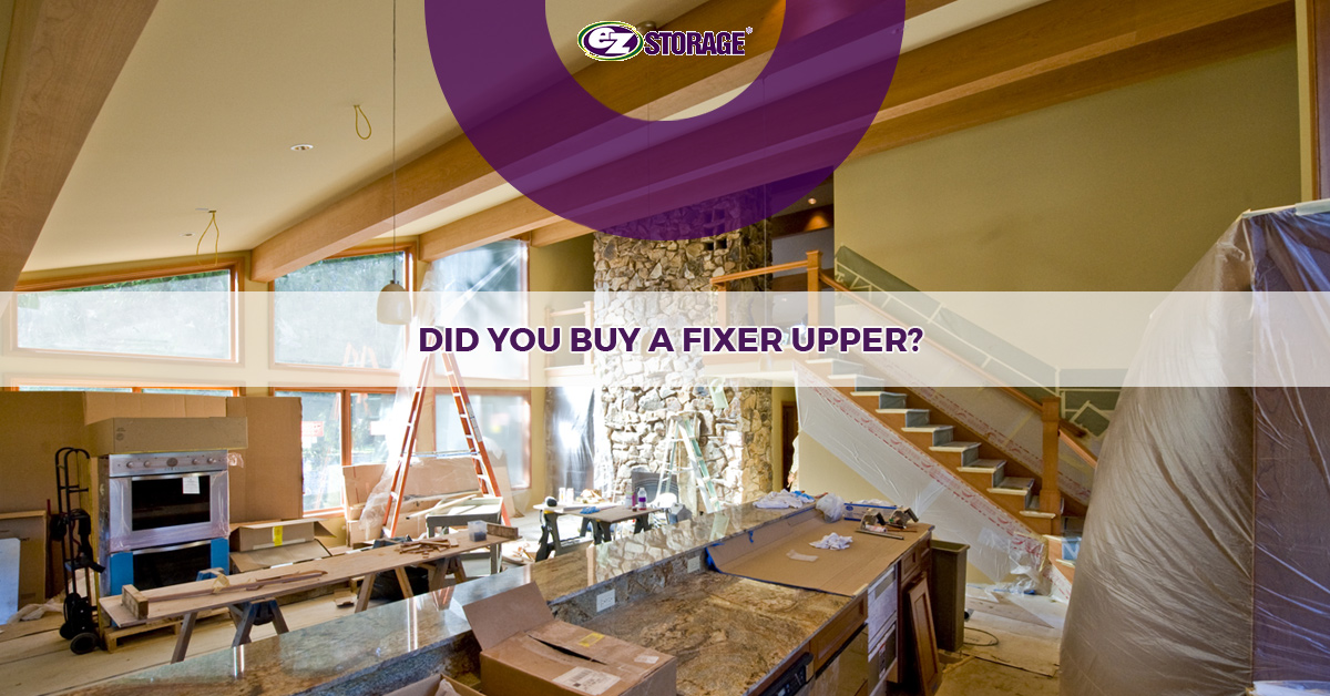 Inside a home being remodeled with text " did you buy a fixer upper?"