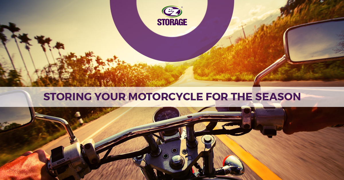 Man riding motorcycle with text "storing your motorcycle for the season"