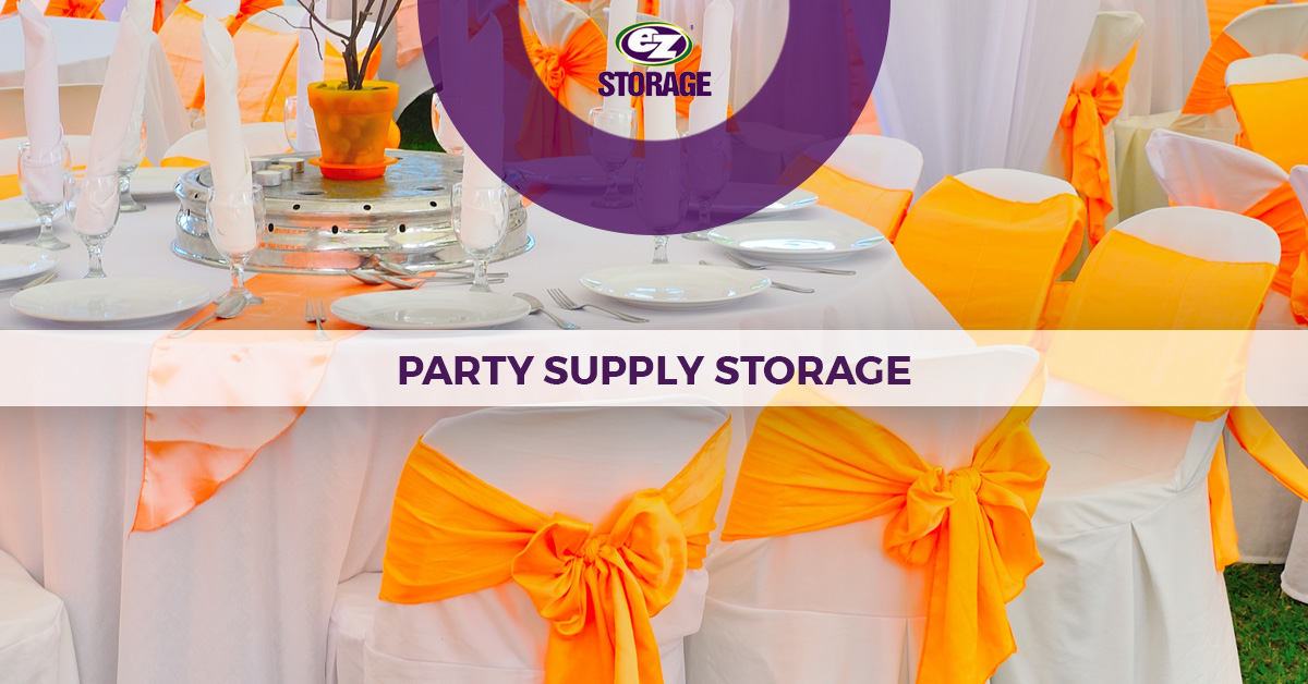 Orange and white table cloth and chair settings with EZ Storage logo and text "Party Supply Storage"