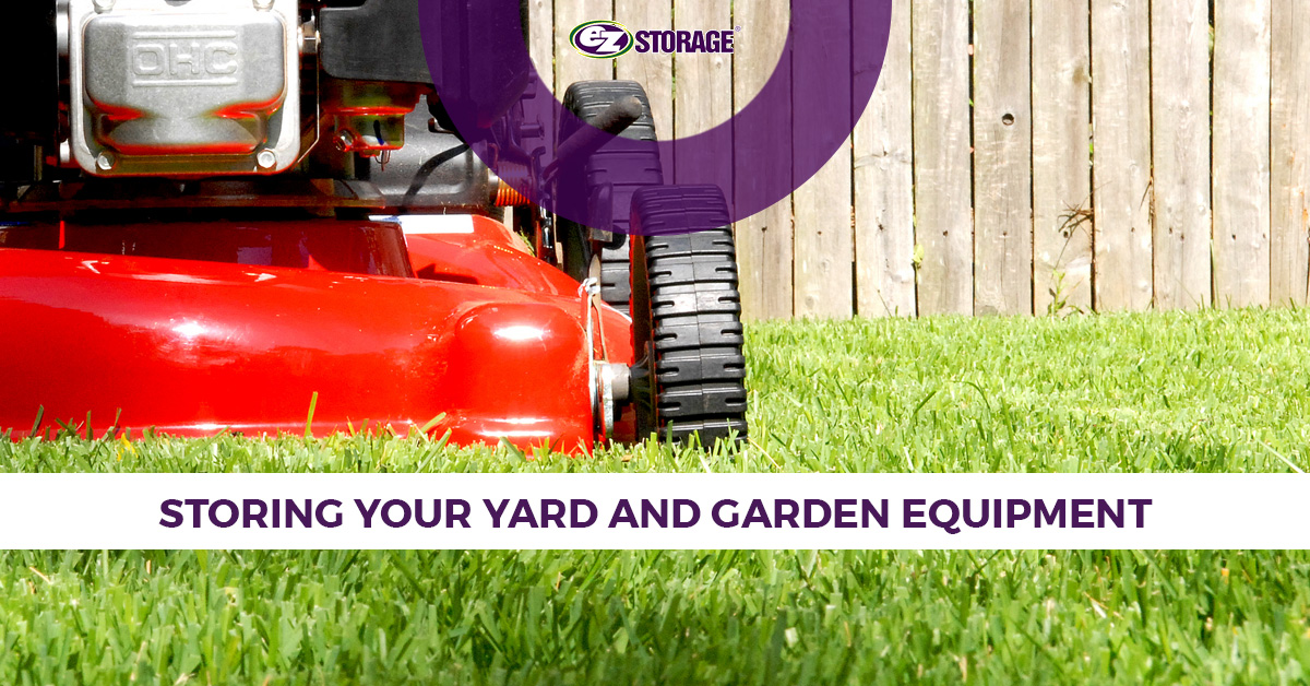 Red lawn mower cutting grass with text "Storing your yard and garden equipment"