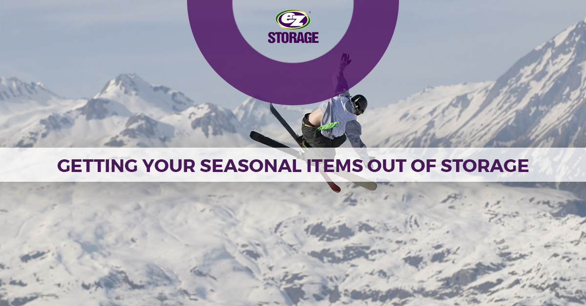 Skiier in the mountains with EZ Storage logo and text "Getting Your Seasonal Items Out of Storage"