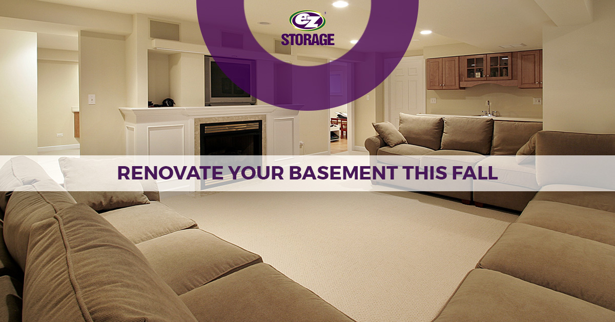 Furnished basement with text "renovate your basement this fall"