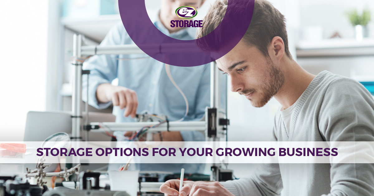 Two men working in tech with text "storage options for your growing business"