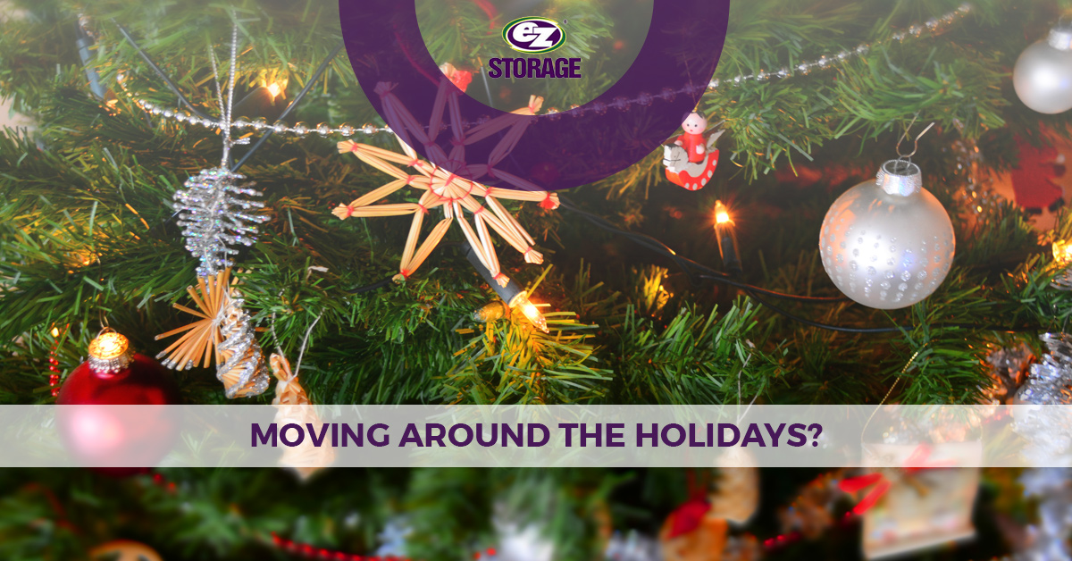 Ornaments on a christmas tree with text "moving around the holidays?"