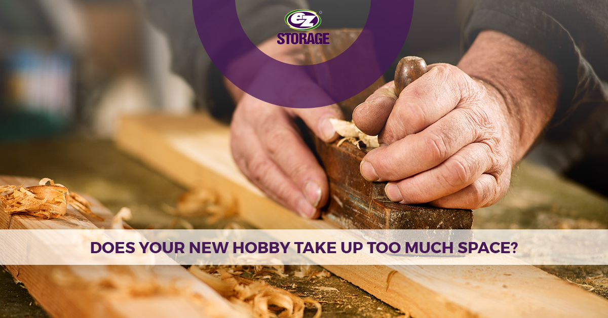 Man doing wood work and text "Does your new hobby take up too much space"