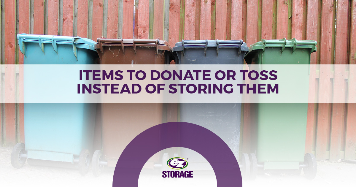 Four colorful recycle bins and text "Item to donate or toss instead of storing them"