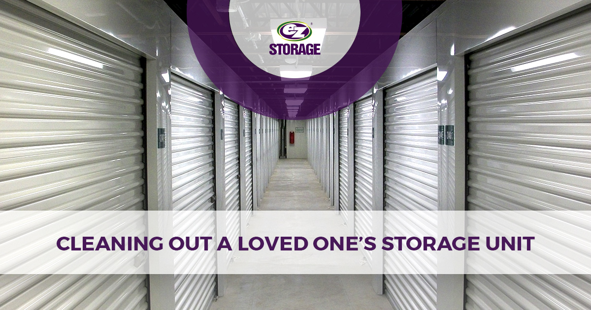 Hallway of storage unit facility and storage unit lockers with text "cleaning out a love one's storage unit"