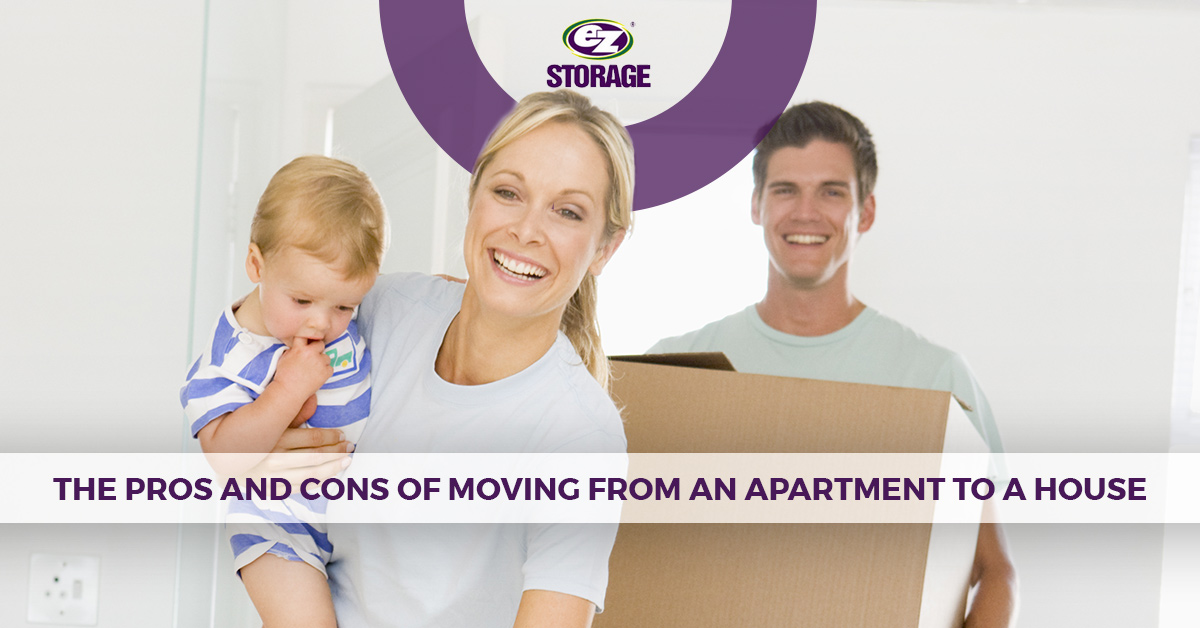 Family of three smiling walking into a room and text "The pros and cons of moving from an apartment to a house"