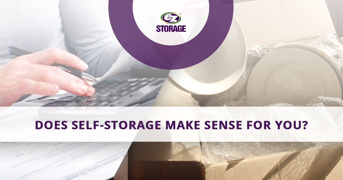 Hands typing on a keyboard and dishes in a moving box with EZ Storage logo and text "Does Self-Storage Make Sense For You?"