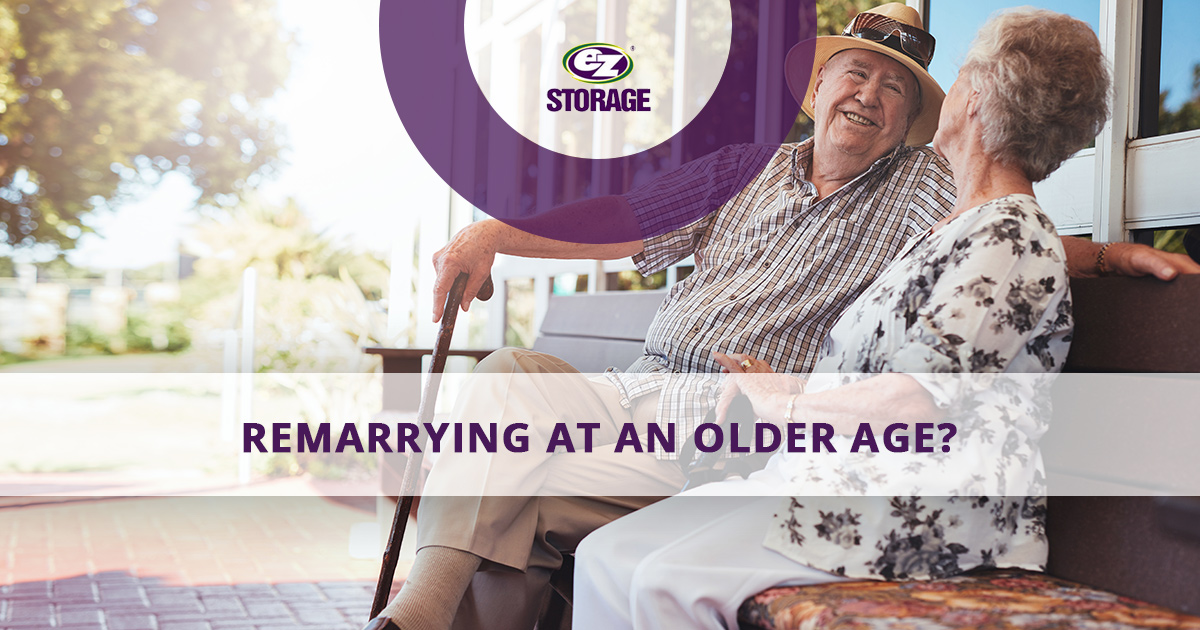 Elderly couple sitting on a bench with text "remarrying at an older age?"
