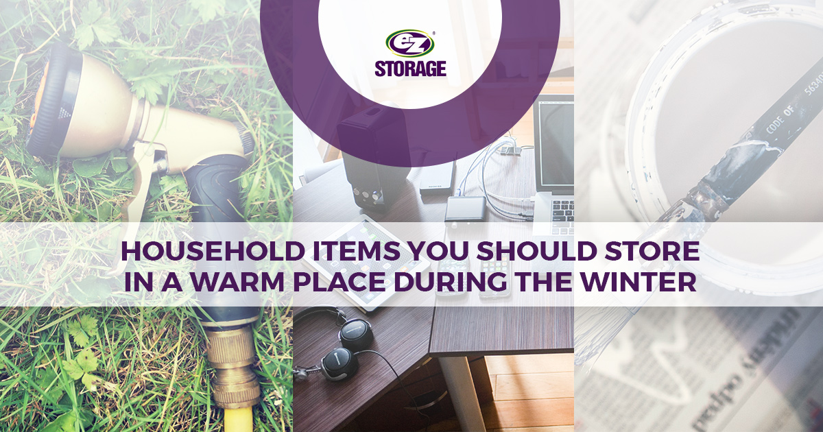 Sprinkler nozzle, desk with laptop and electronics, and paintbrush with text "Household Items You Should Store in a Warm Place During the Winter"