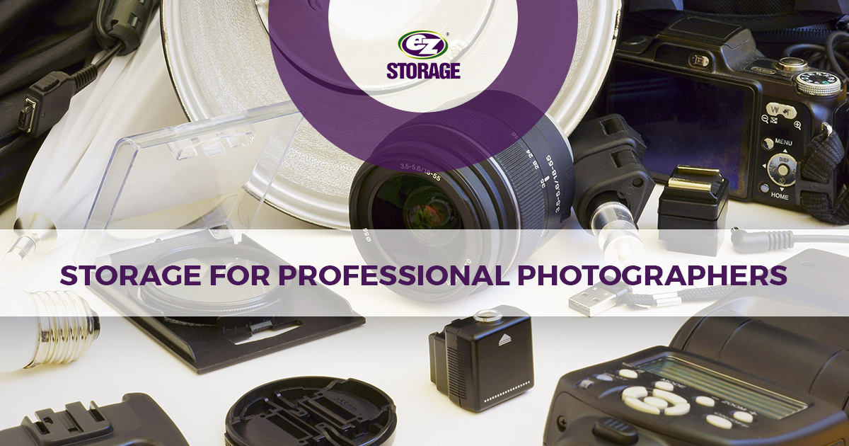 Camera equipment on a table with text "storage for professional photographers"