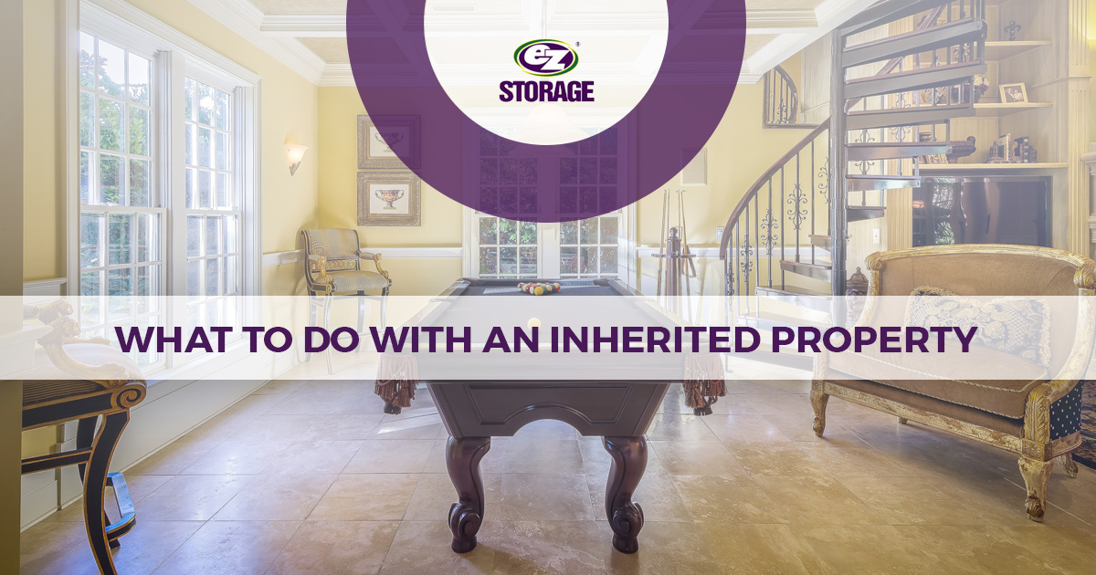 Tan gaming room with pool table, couch, and spiral staircase with EZ Storage logo and text "What To Do With An Inherited Property"