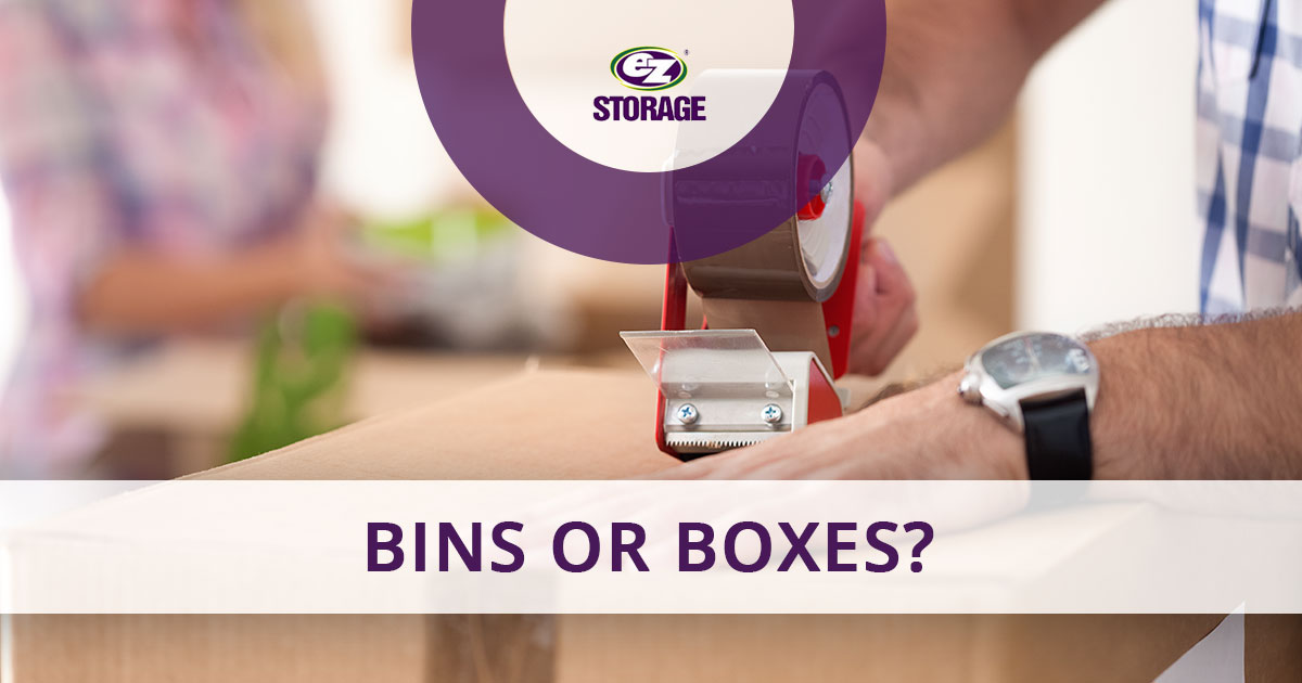Man taping a box closed with text "bins or boxes?"