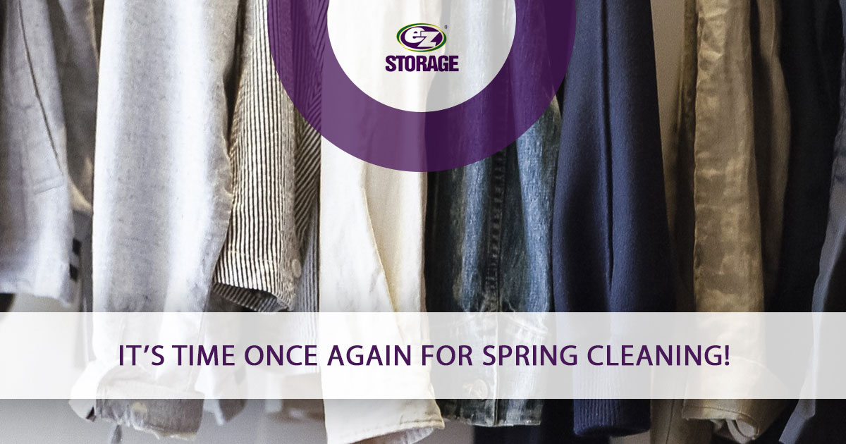 Hanging clothing and text "It's once again time for spring cleaning"