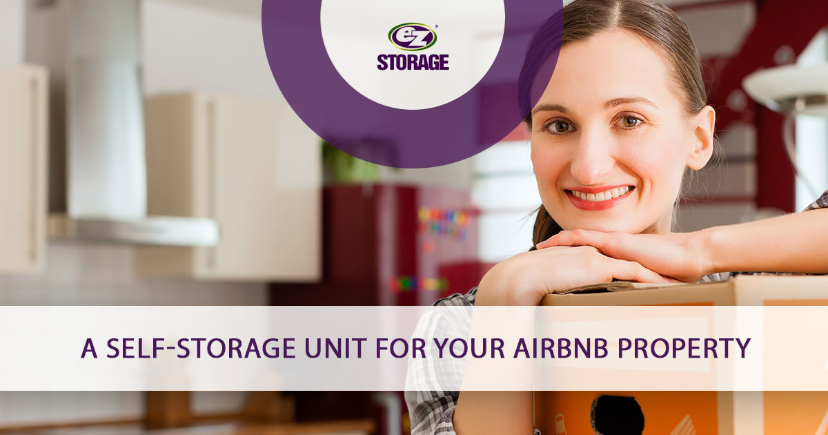 Women smiling with hand over a box and text "A self-storage unit for your airbnb property"