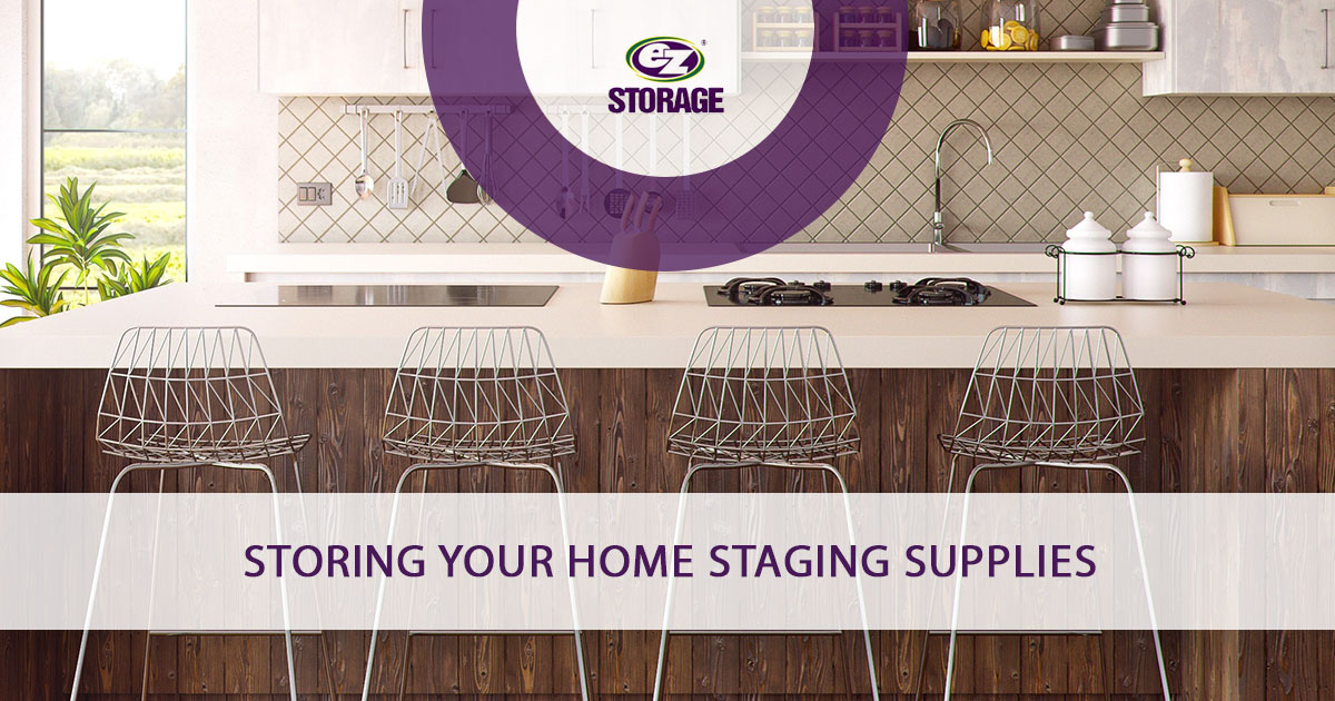 Furnished kitchen and text "Storing your home staging supplies"