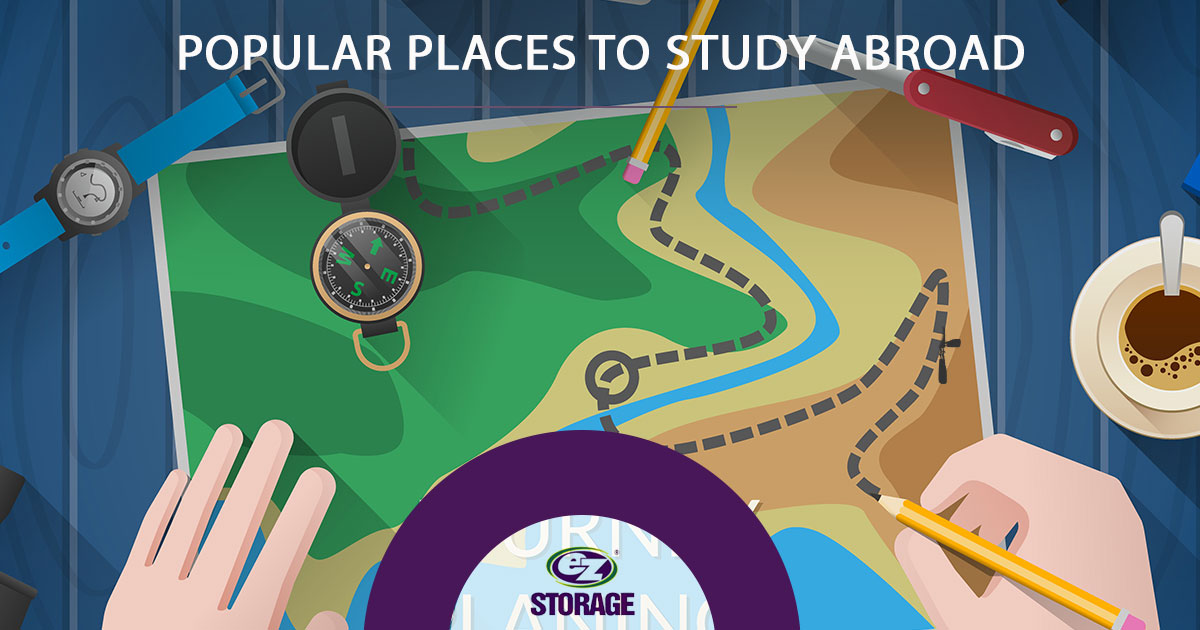 Animation of a person outlining a trip on a map and text "Popular places to study abroad"