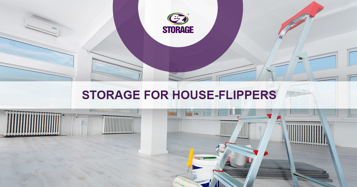 Empty room with ladder and painting equipment and text "Storage for house-flippers"