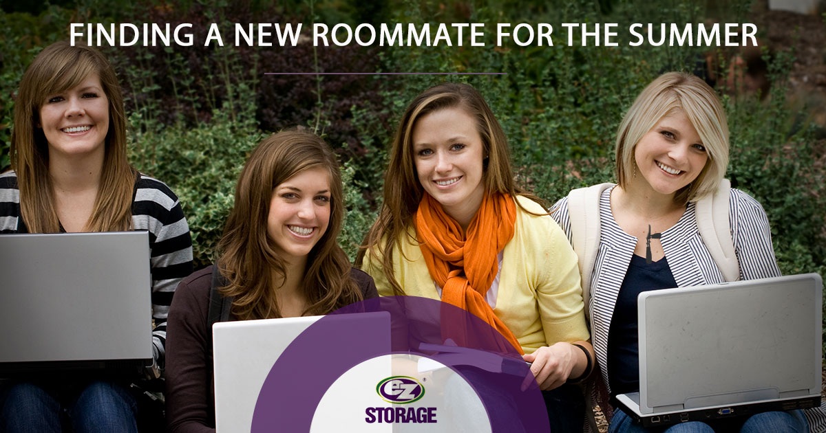 Four college students smiling and holding laptops with text "Finding a new roommate for the summer"