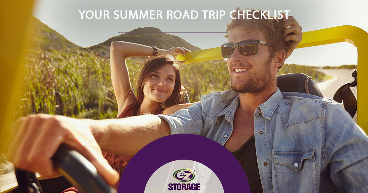 Women being affectionate towards man while riding in a car and text "Your summer road trip checklist"