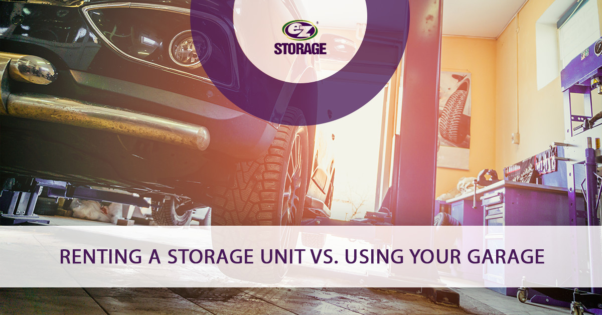 Car inside a garage and text "Renting a storage unit vs using your garage"