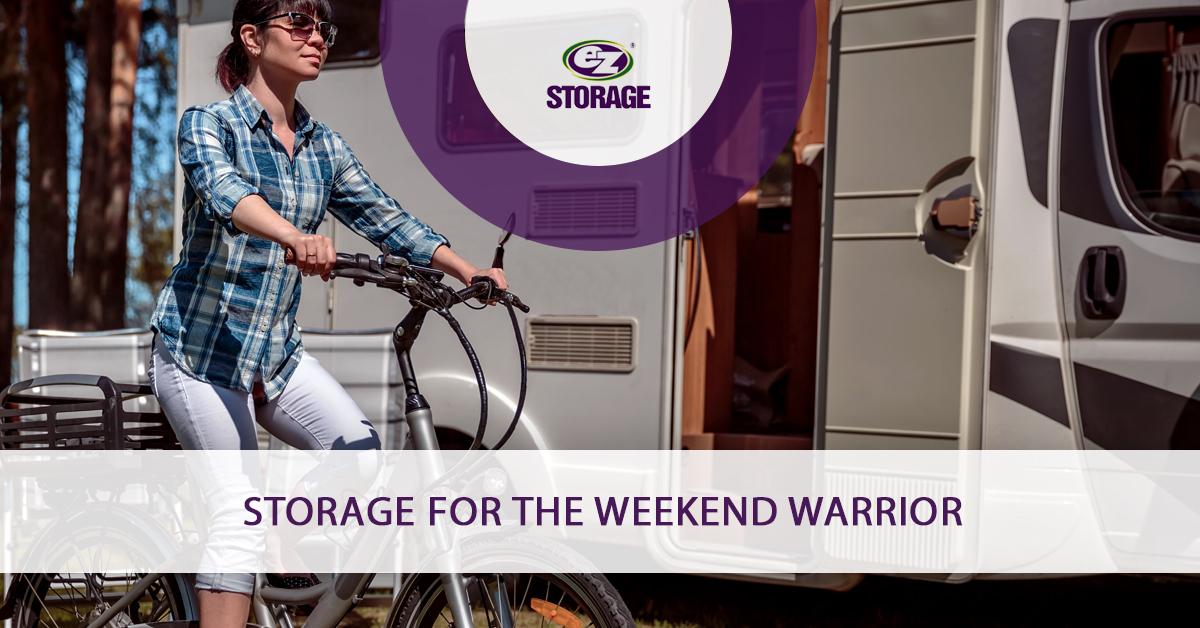 Parked RV and female riding bike with text "Storage for the weekend warrior"