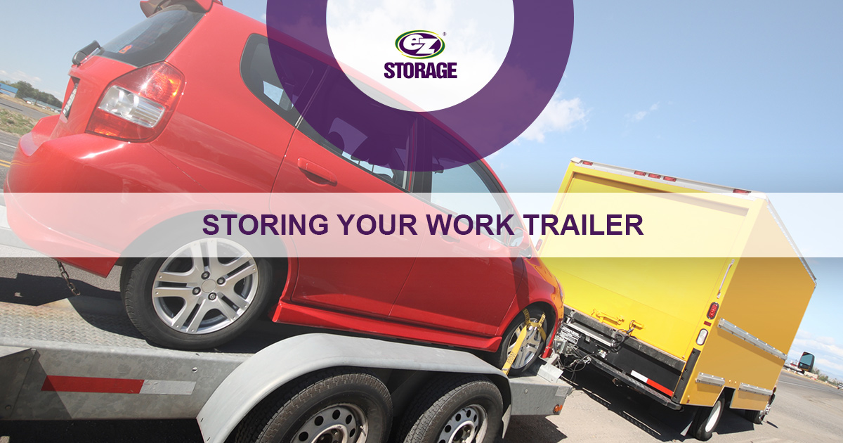 Red car on trailer and text "Storing your work trailer"