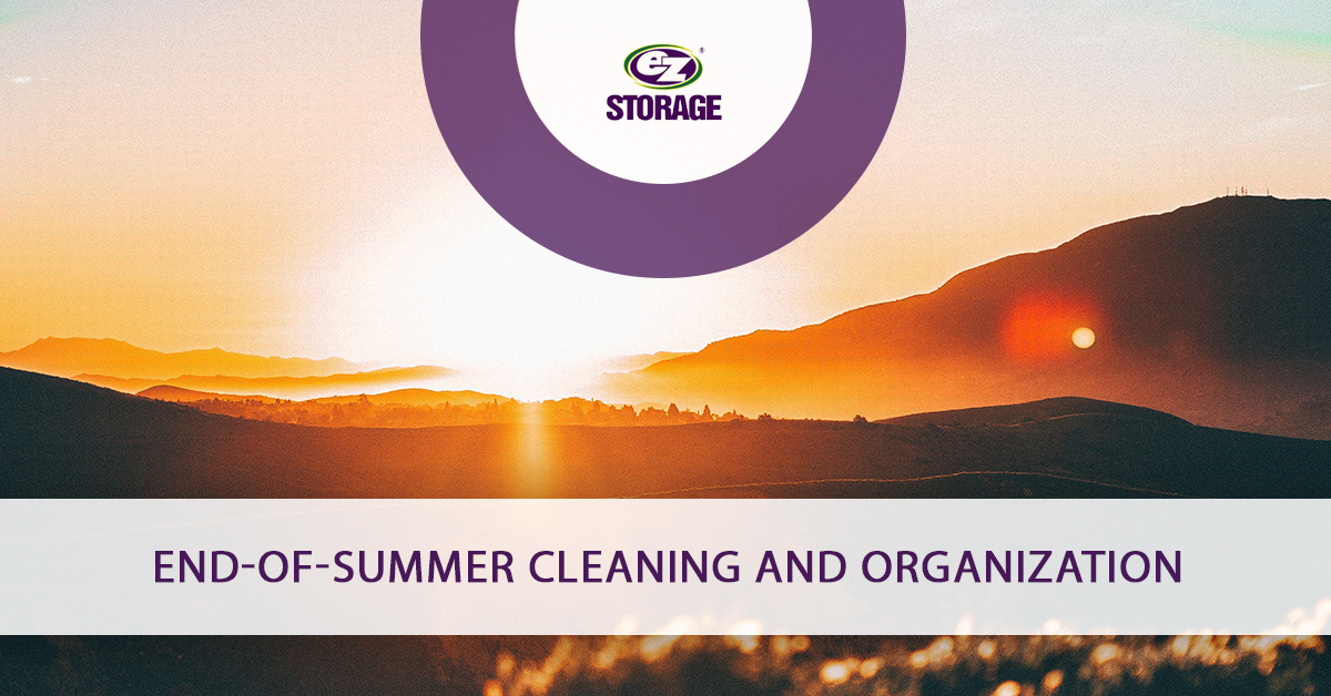 Sun setting over the horizon and text "End of summer cleaning and organization"