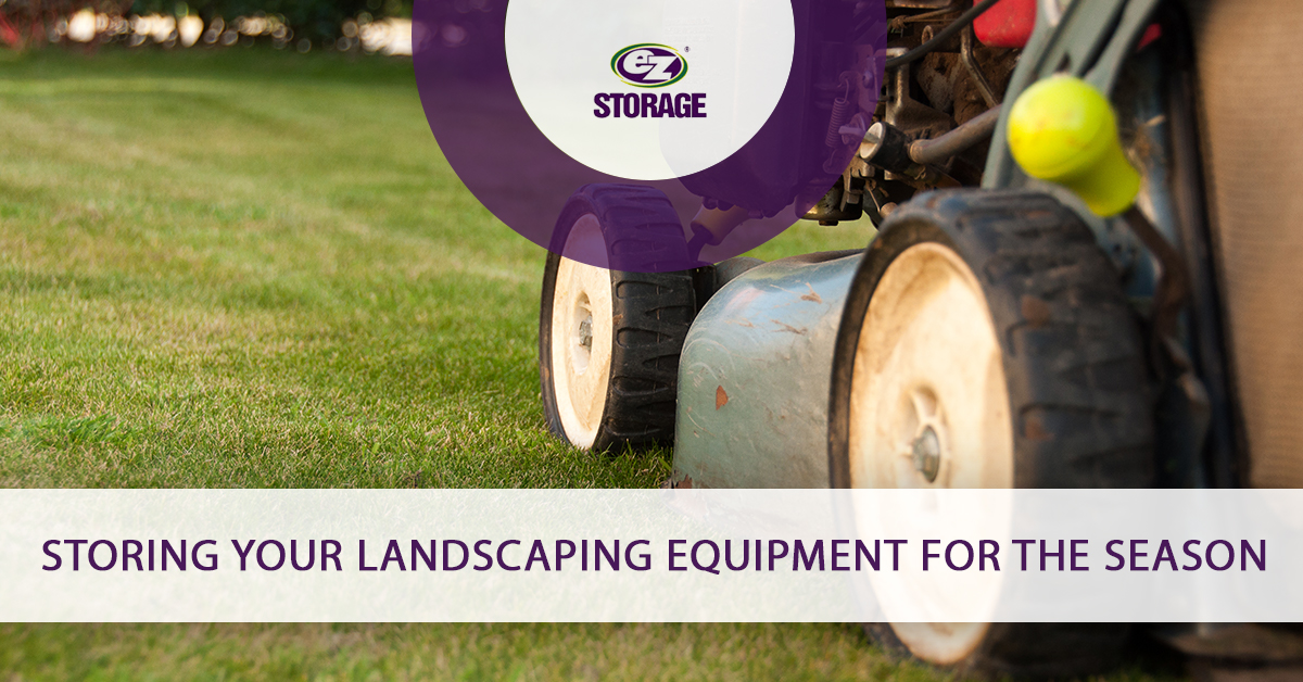 Close up of lawn mower cutting grass and text "Storing your landscaping equipment for the season"