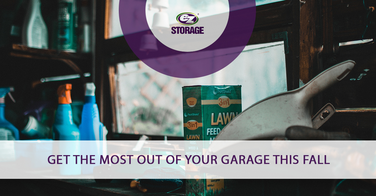 Close up of garage window sill and cleaning supplies with texrt "Get the most out of your garage this fall"