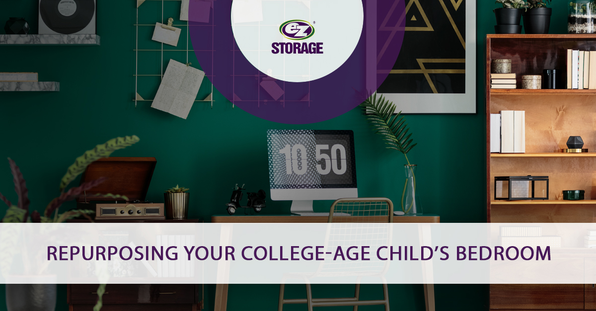 Wooden shelf and modern wall decor on green wall with EZ Storage logo and text "Repurposing Your College-Age Child's Bedroom"