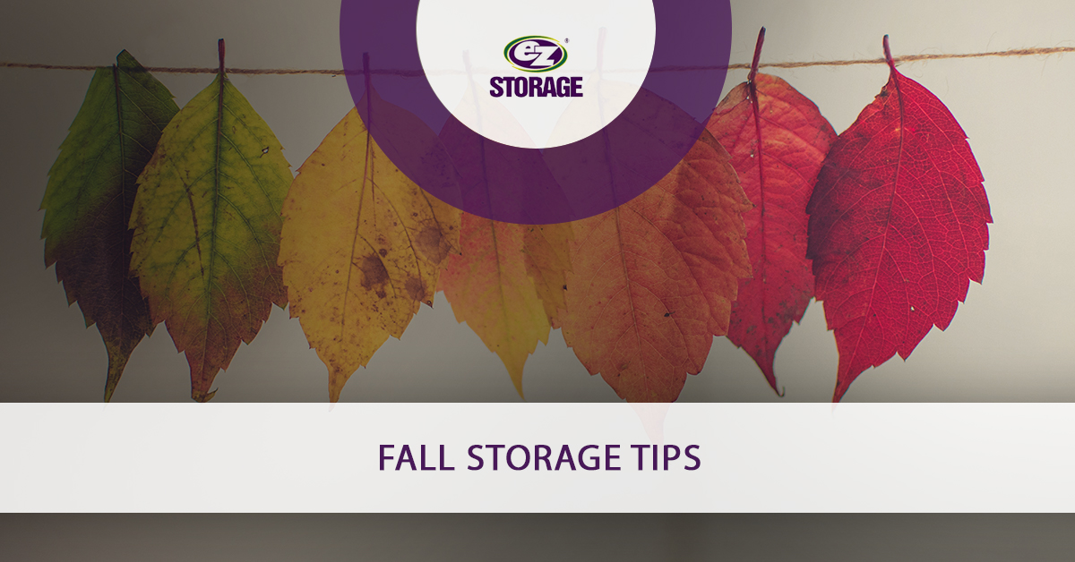 Colorful leaves hanging on string with text "Fall storage tips"