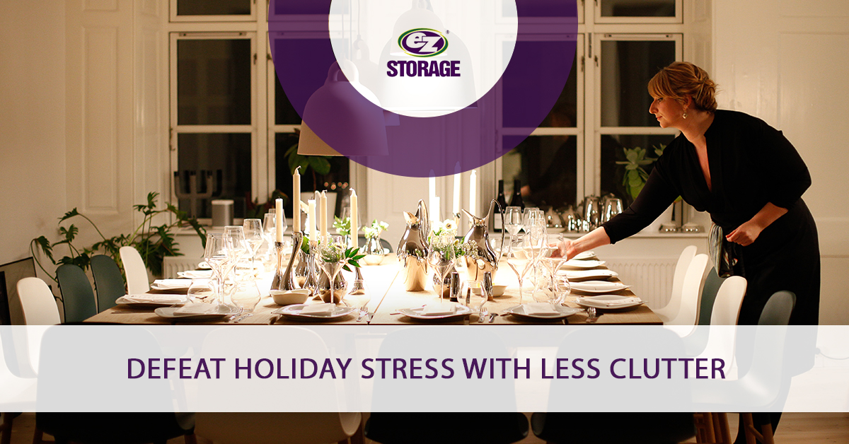 Women organizing and decorating dinner table with text "Defeat holiday stress with less clutter"