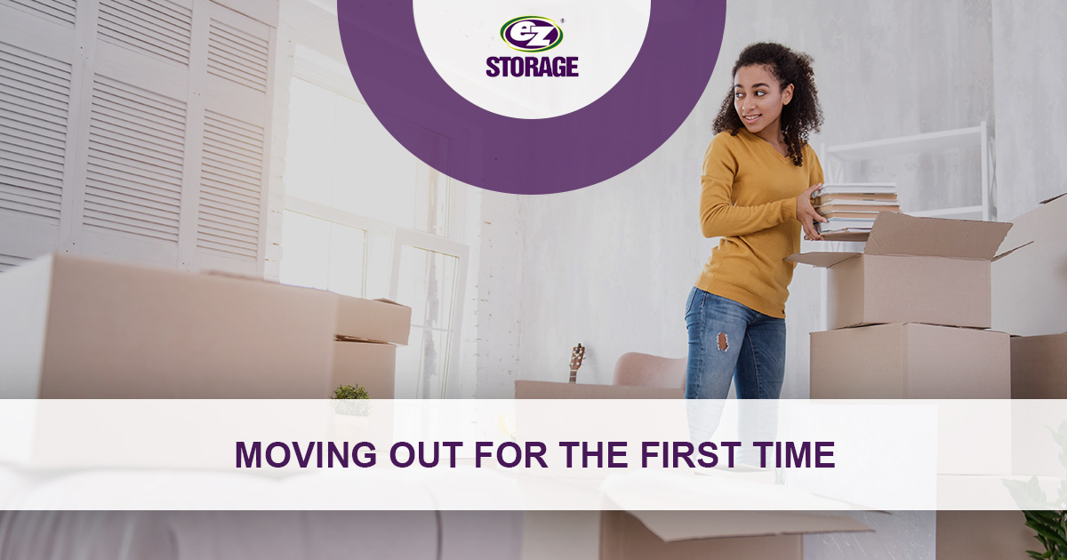 Female young adult putting books into a box and text "Moving out for the first time"