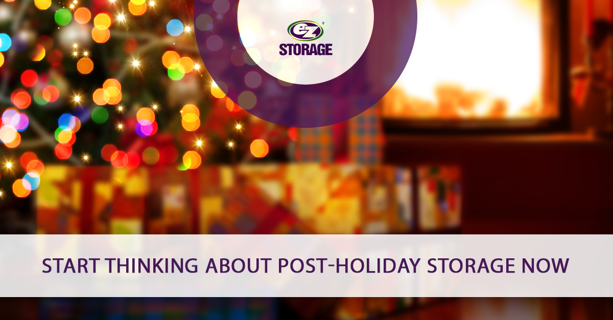 Blurred christmas like backround of christmas tree and gifts with text "Start thinking about post holiday storage now"