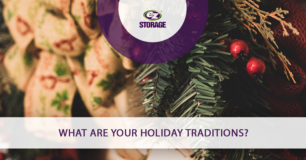 Closeup of holiday wreath and mistletoe with banner text "What are your holiday traditions?"