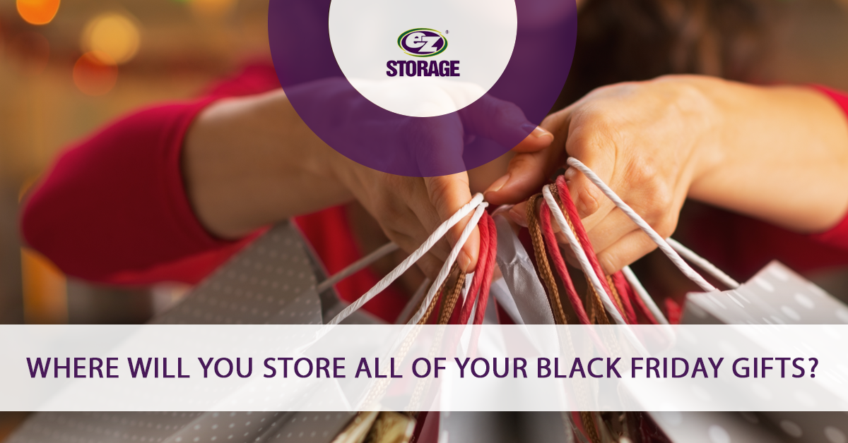 Women holding up several holiday bags and text "Where will you store all your black friday gifts?"