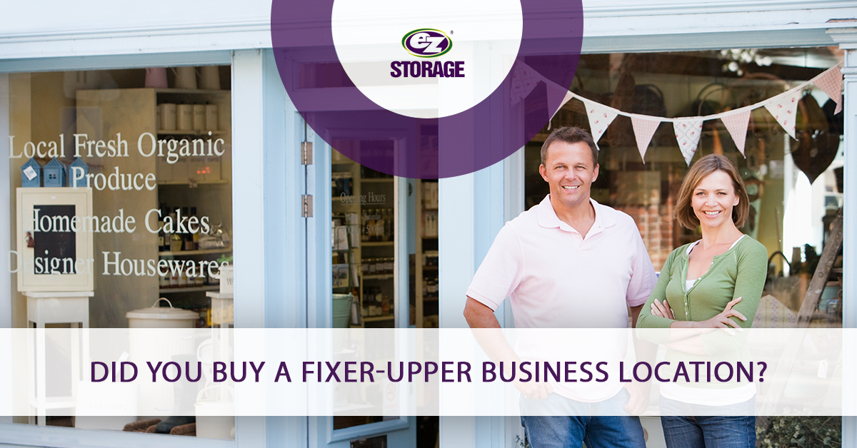 Man and women standing outside a store front and text "Did you buy a fixer upper business location?"