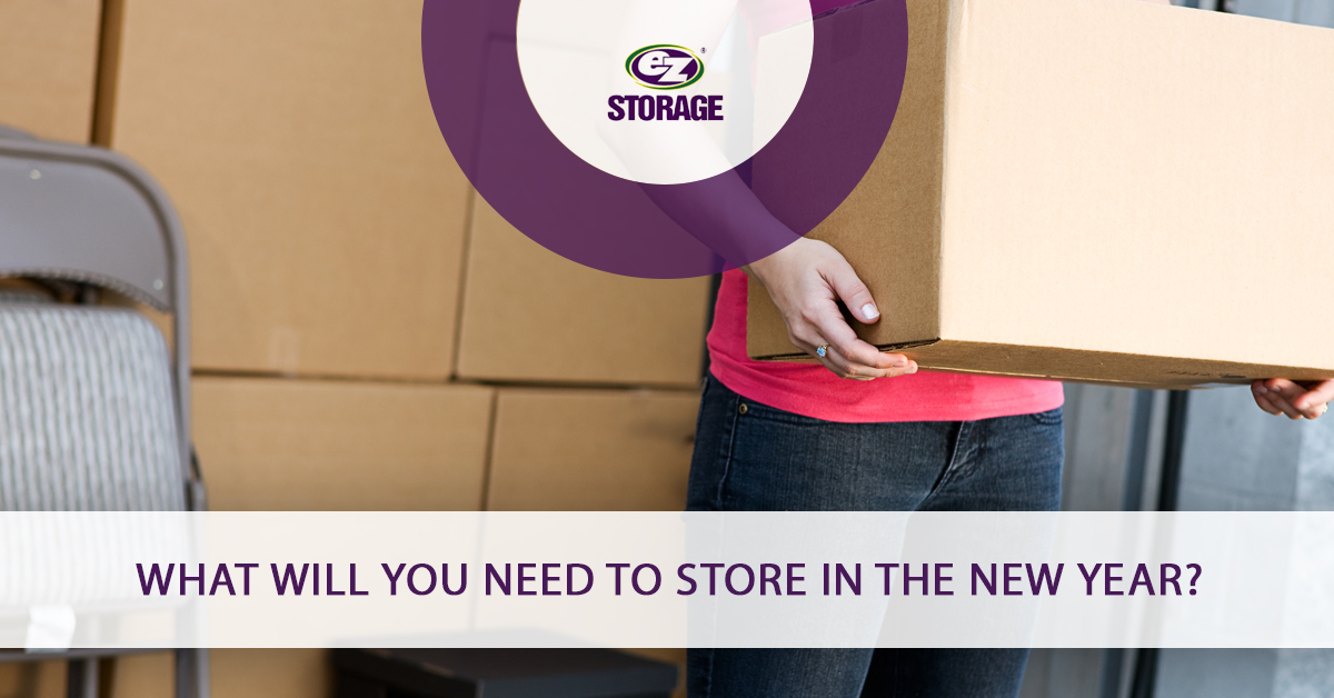 Casually dressed person holding a box and text "What will you need to store in the New Year?"
