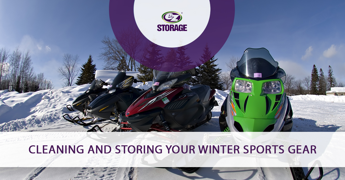Four different color snowmobiles outdoors and text "Cleaning and storing your winter sports gear"