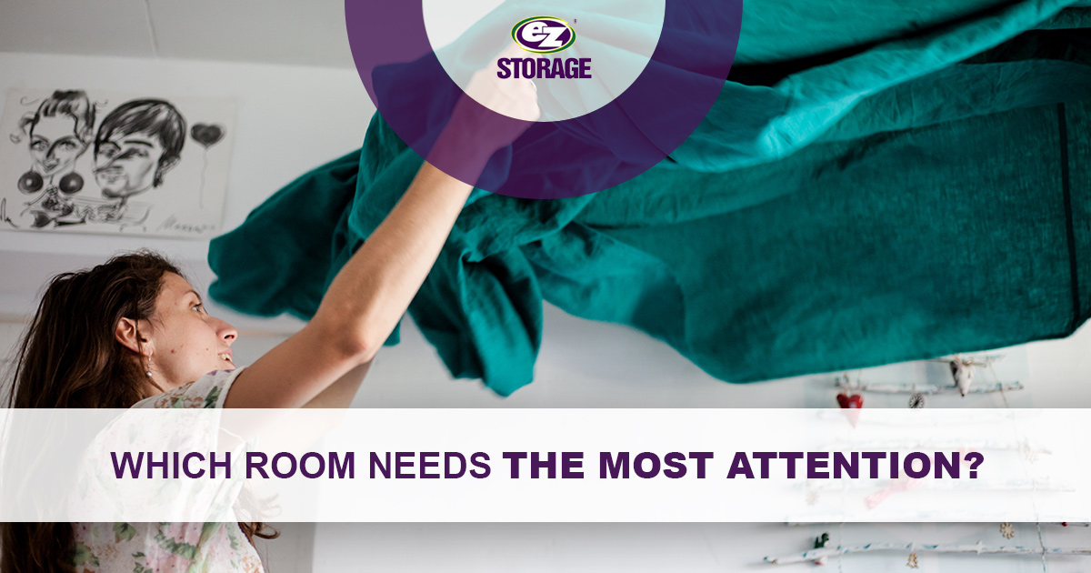 Woman lifting sheet and text "Which room nedds the most attention?"