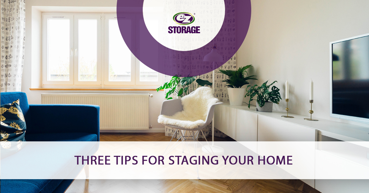 Furnished livingroom space and text "Three tips for staging your home"