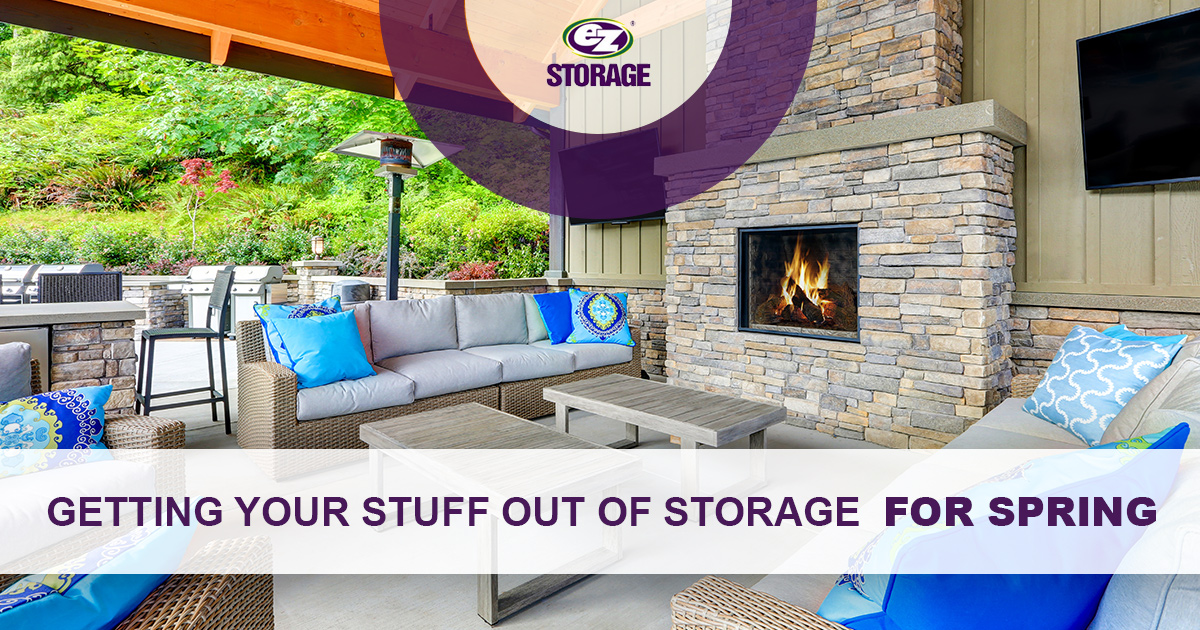 Furnished patio and text "Getting your stuff out of storage for spring"